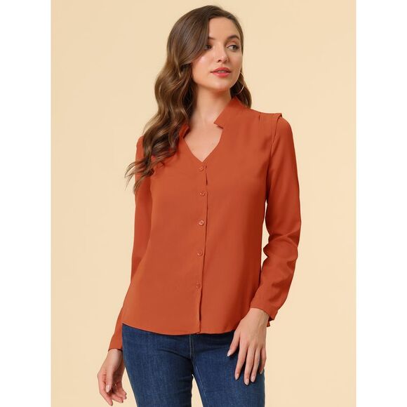 Blouse Button Up Long Sleeve V Neck Chiffon Shirt Orange Brown - Picture 2 of 6